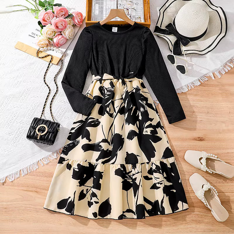 🌸Stylish Black & Beige Floral Maxi Dress for Women.